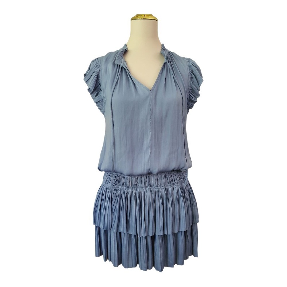 Current Air Zoey Pleated Mini Dress Womens S Blue Tiered‎ Ruffle Drop Waist